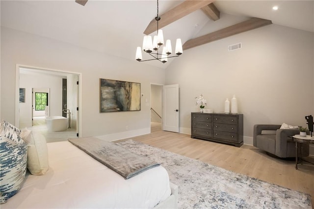 3292 Lenox Pl NE, Atlanta, GA 30324 - bedroom featuring beam ceiling, wood finished floors, a chandelier, recessed lighting, and connected bathroom