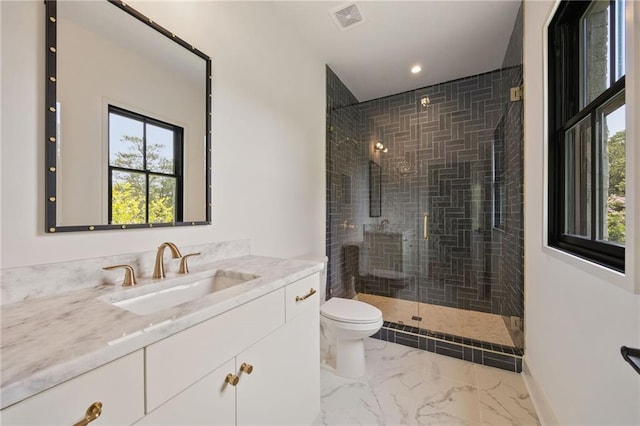 3292 Lenox Pl NE, Atlanta, GA 30324 - bathroom featuring vanity, a stall shower, marble finish flooring, and recessed lighting