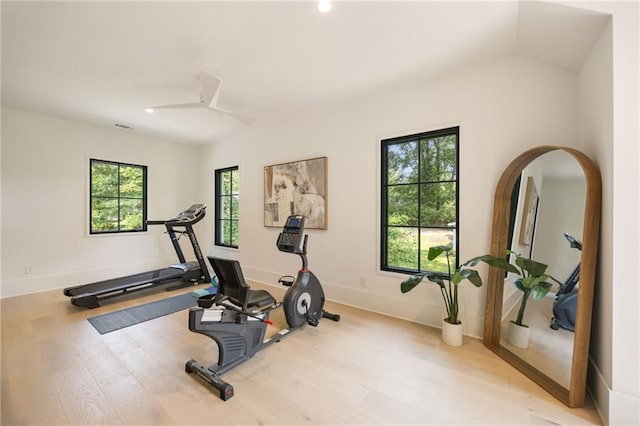 3292 Lenox Pl NE, Atlanta, GA 30324 - workout room with wood finished floors, recessed lighting, arched walkways, vaulted ceiling, and a ceiling fan