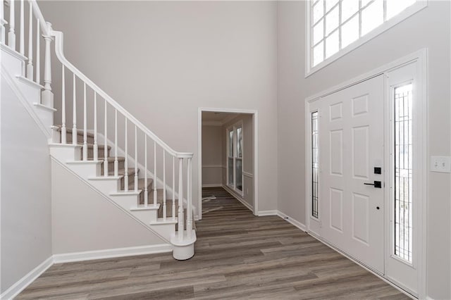 foyer featuring hardwood / wood-style floors and a high ceiling