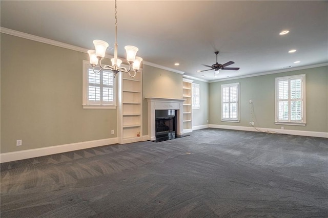 unfurnished living room with a fireplace with raised hearth, dark colored carpet, and baseboards