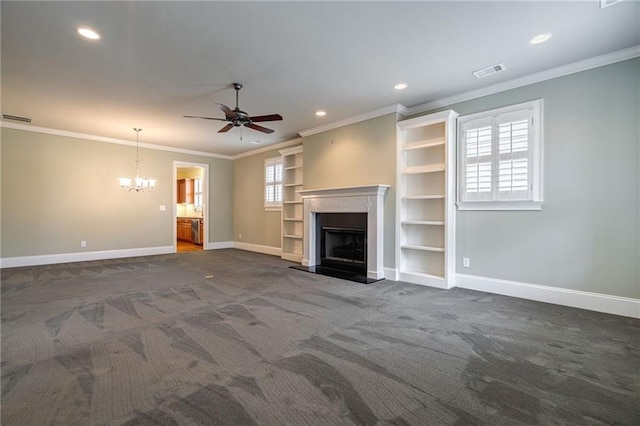 unfurnished living room featuring baseboards, visible vents, a fireplace with raised hearth, and ornamental molding