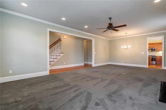 unfurnished living room with ornamental molding, recessed lighting, baseboards, and stairs