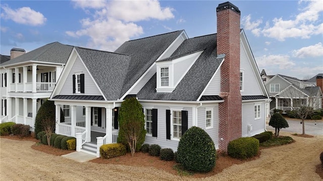 view of front of house with a standing seam roof, a porch, a chimney, and a shingled roof