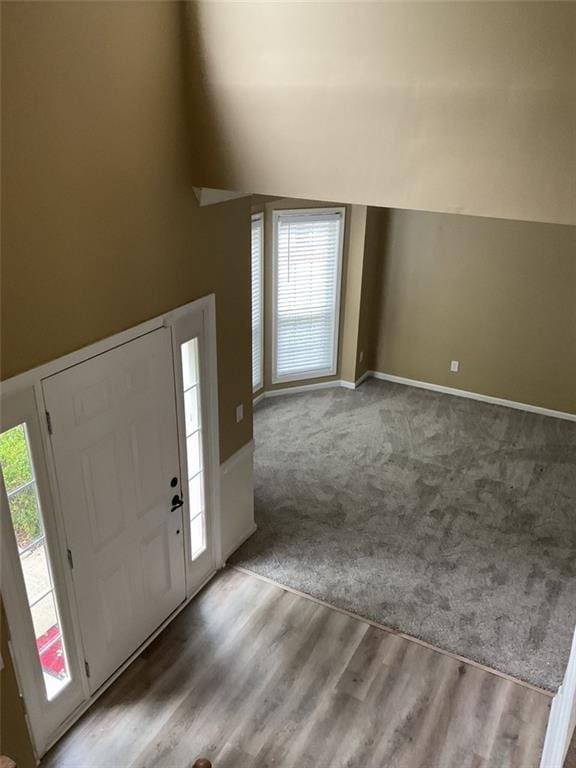 entrance foyer featuring lofted ceiling, carpet floors, wood finished floors, and baseboards