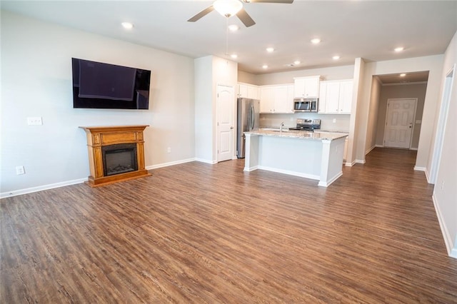 155 Sanctuary Pl, Jasper, GA 30107 - kitchen featuring stainless steel appliances, ceiling fan, dark wood finished floors, open floor plan, and white cabinets