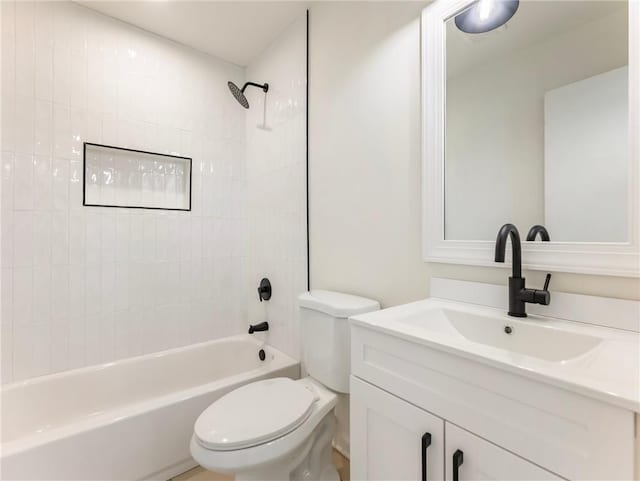 full bathroom with toilet, vanity, and bathing tub / shower combination