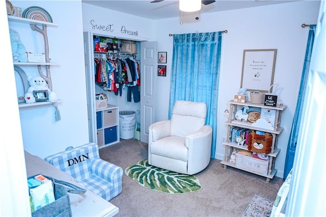 bedroom with carpet floors, a closet, and a ceiling fan