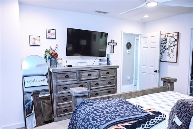 bedroom with recessed lighting, carpet floors, visible vents, and baseboards