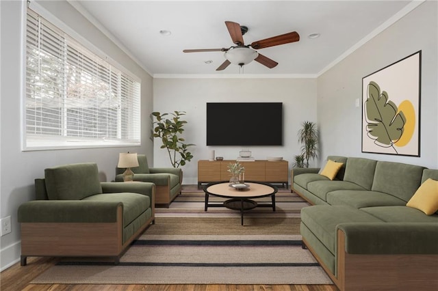 living room featuring wood finished floors, a ceiling fan, and ornamental molding