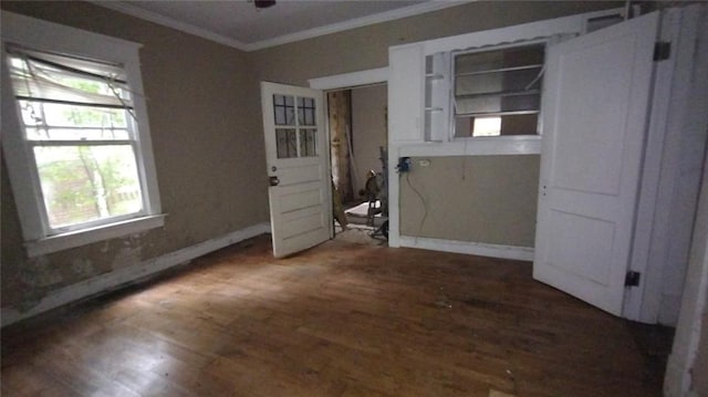 interior space featuring ornamental molding and dark hardwood / wood-style floors