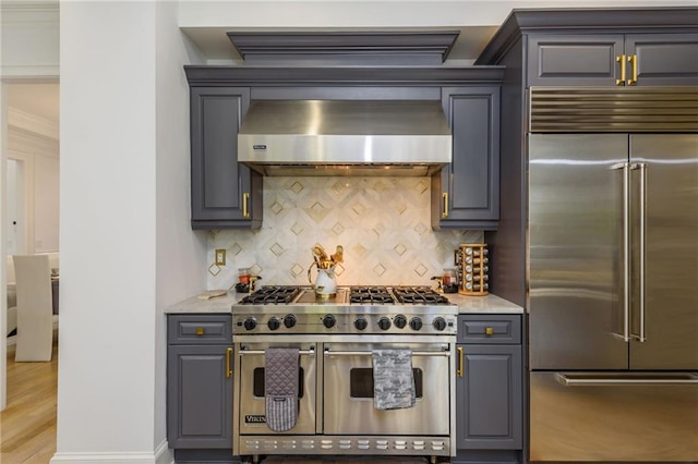2461 Oak Grove Ests NE, Atlanta, GA 30345 - kitchen featuring high quality appliances, wall chimney range hood, gray cabinetry, and crown molding