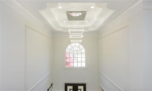 2461 Oak Grove Ests NE, Atlanta, GA 30345 - interior space with a raised ceiling, a chandelier, crown molding, and recessed lighting