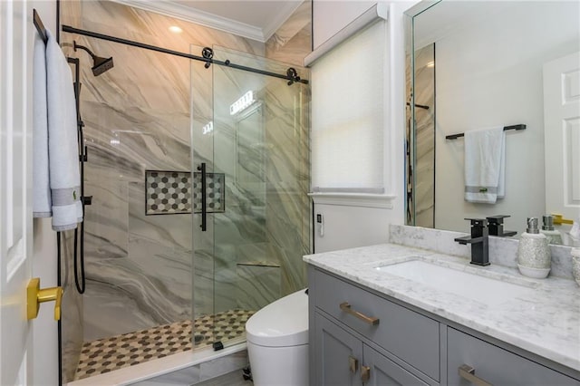 2461 Oak Grove Ests NE, Atlanta, GA 30345 - bathroom featuring crown molding, vanity, a marble finish shower, and toilet