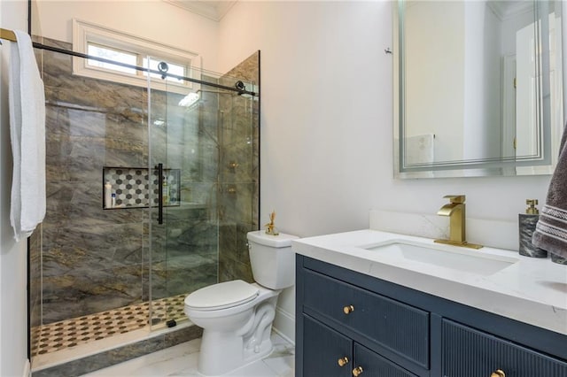 2461 Oak Grove Ests NE, Atlanta, GA 30345 - full bath with vanity, toilet, ornamental molding, a stall shower, and marble look tiles