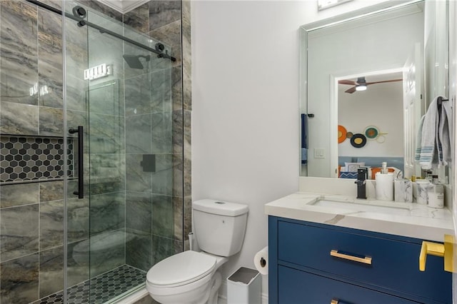 2461 Oak Grove Ests NE, Atlanta, GA 30345 - full bathroom featuring vanity, toilet, a shower stall, and ceiling fan