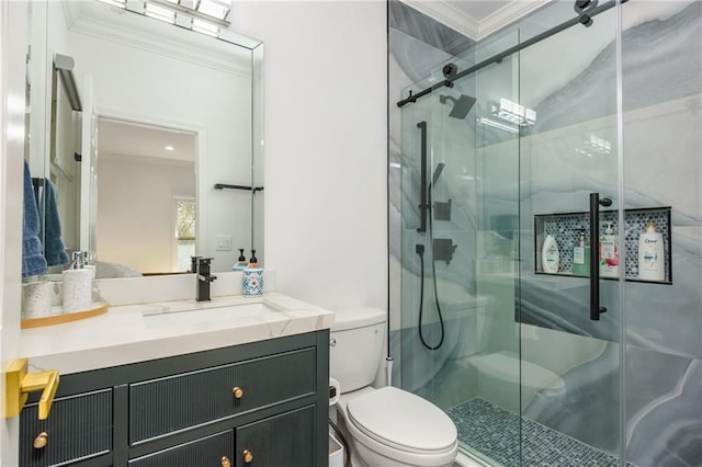 2461 Oak Grove Ests NE, Atlanta, GA 30345 - bathroom featuring ornamental molding, toilet, vanity, and a stall shower