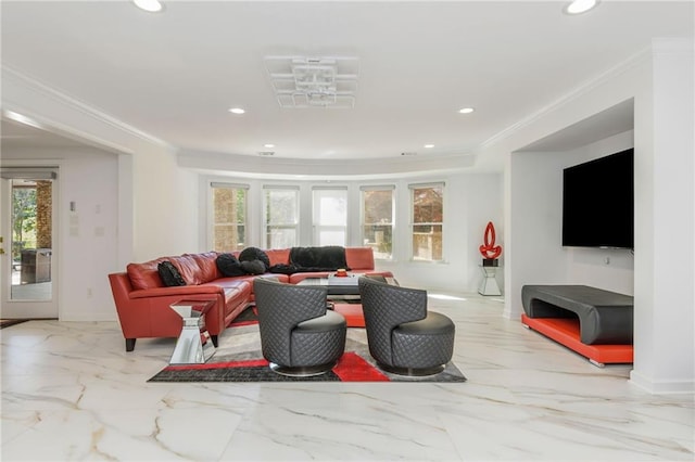 2461 Oak Grove Ests NE, Atlanta, GA 30345 - living room with healthy amount of natural light, recessed lighting, crown molding, marble finish floors, and baseboards