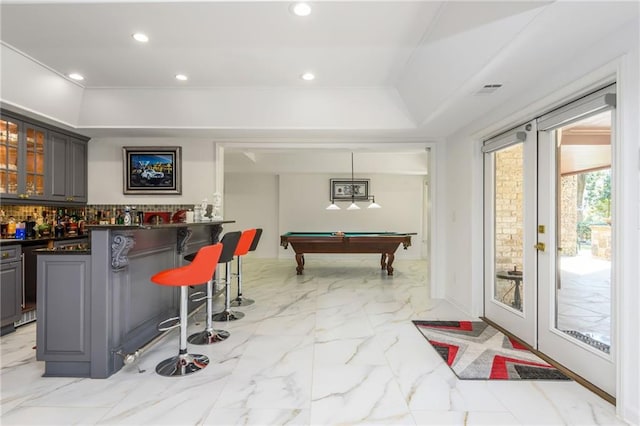 2461 Oak Grove Ests NE, Atlanta, GA 30345 - rec room featuring french doors, a raised ceiling, bar, pool table, and recessed lighting
