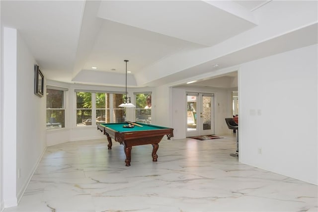 2461 Oak Grove Ests NE, Atlanta, GA 30345 - rec room with french doors, light marble finish floors, pool table, a tray ceiling, and recessed lighting