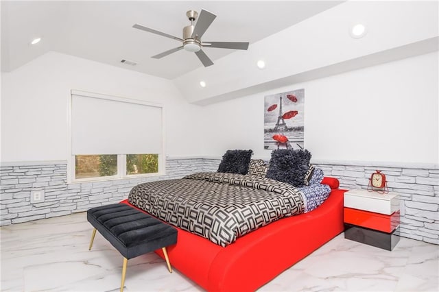 2461 Oak Grove Ests NE, Atlanta, GA 30345 - bedroom with marble finish flooring, vaulted ceiling, recessed lighting, a wainscoted wall, and ceiling fan