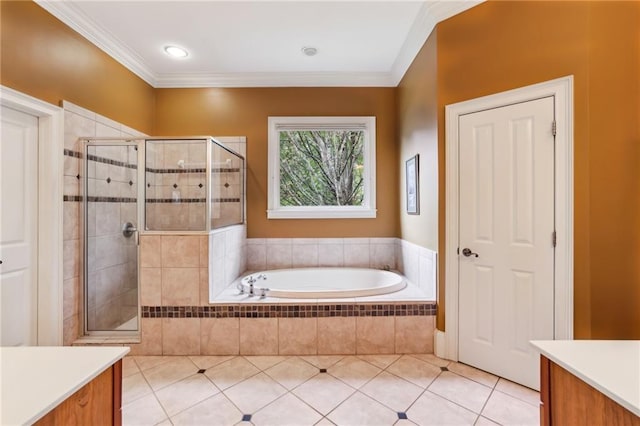 full bath with vanity, a stall shower, a garden tub, tile patterned flooring, and crown molding