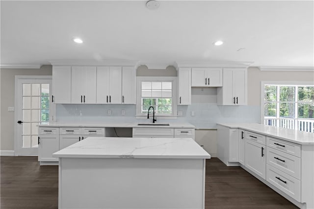 kitchen featuring white cabinetry, a sink, and a center island