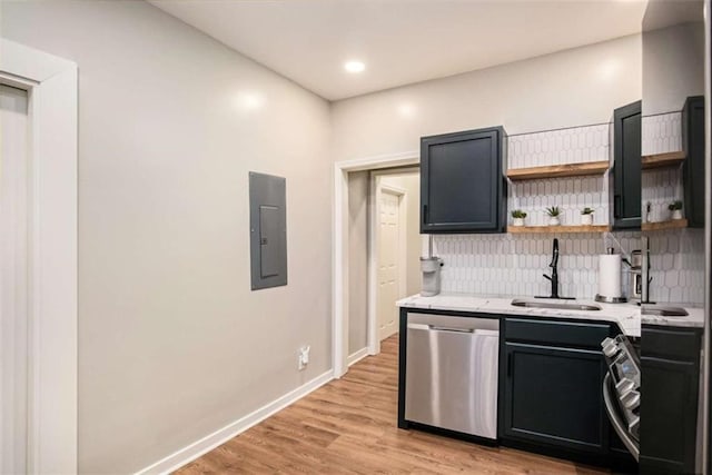 1336 Mcclelland Ave, Atlanta, GA 30344 - kitchen with dishwasher, electric panel, decorative backsplash, open shelves, and recessed lighting