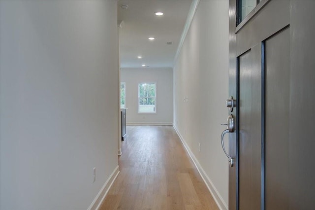 hallway featuring crown molding and light hardwood / wood-style floors