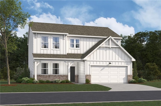 138 Henley St, Canton, GA 30114 - modern inspired farmhouse featuring brick siding, board and batten siding, concrete driveway, a front yard, and a shingled roof