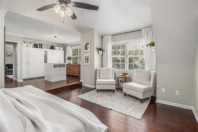 1175 Haven Brook Way, Atlanta, GA 30319 - bedroom with vaulted ceiling, dark wood finished floors, and a ceiling fan