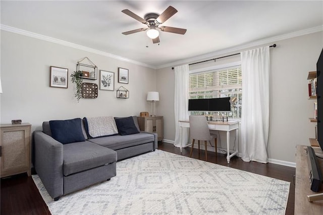 1175 Haven Brook Way, Atlanta, GA 30319 - living room featuring a ceiling fan, dark wood-style flooring, and ornamental molding