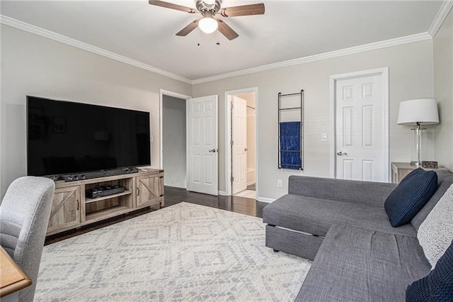 1175 Haven Brook Way, Atlanta, GA 30319 - living area featuring a ceiling fan, crown molding, and dark wood-style flooring
