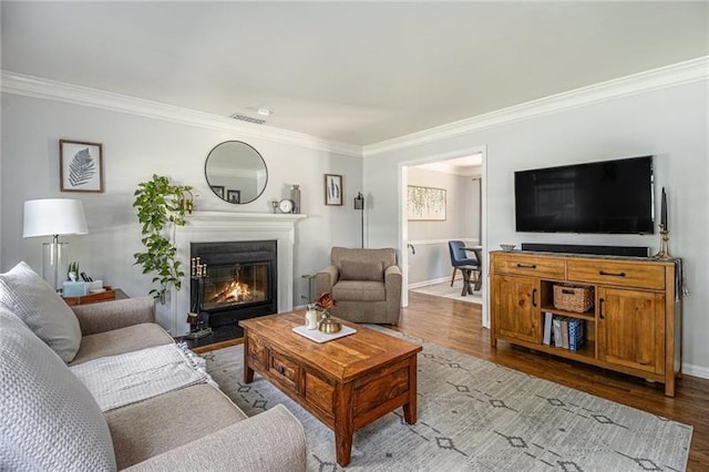 1175 Haven Brook Way, Atlanta, GA 30319 - living area with crown molding, wood finished floors, and a glass covered fireplace