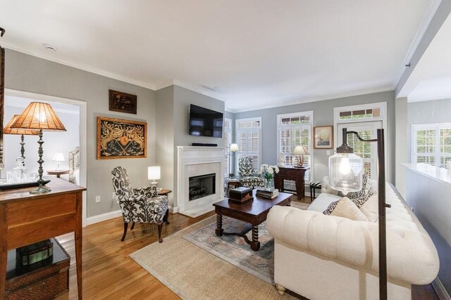 50 Biscayne Dr NW Unit 4110, Atlanta, GA 30309 - living area featuring a fireplace with flush hearth, light wood finished floors, crown molding, and baseboards