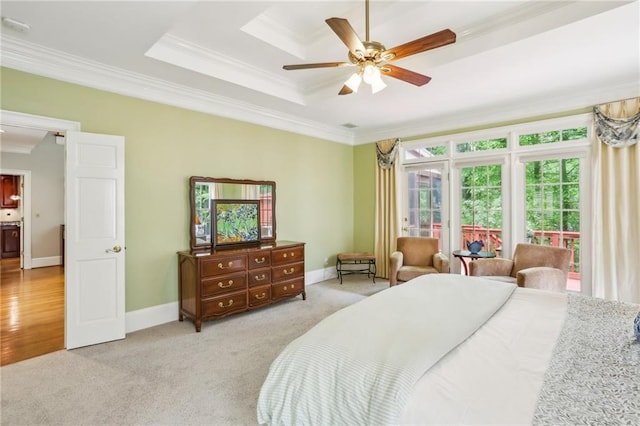 bedroom with crown molding, access to outside, carpet, and baseboards