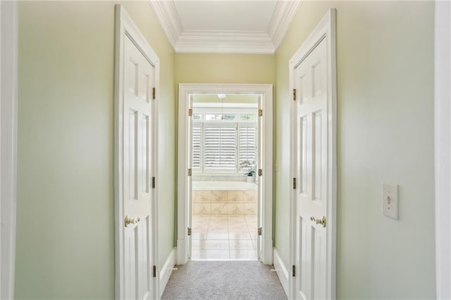 corridor with carpet, crown molding, and baseboards