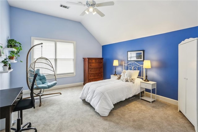 carpeted bedroom with a ceiling fan, visible vents, vaulted ceiling, and baseboards