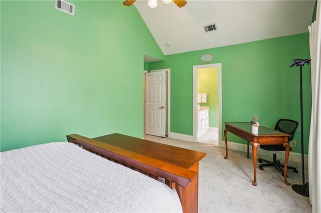 bedroom with baseboards, visible vents, light colored carpet, and high vaulted ceiling