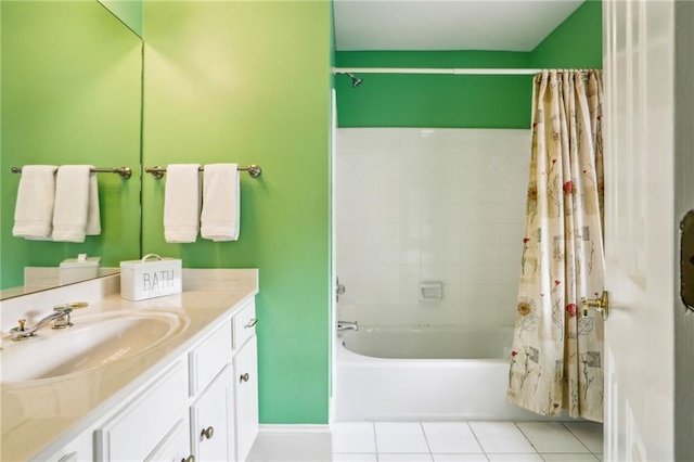 full bathroom featuring vanity, shower / bath combo, and tile patterned floors