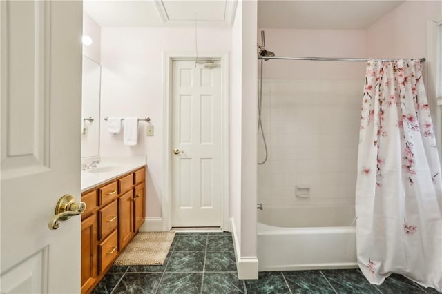 full bathroom with vanity, tile patterned flooring, and shower / tub combo with curtain