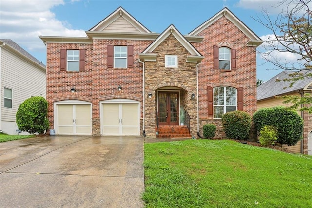 1476 Rolling View Way, Dacula, GA 30019 - view of front of house with concrete driveway, french doors, a front yard, a garage, and stone siding