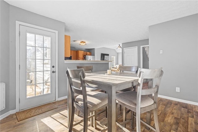 dining room with hardwood / wood-style flooring and ceiling fan