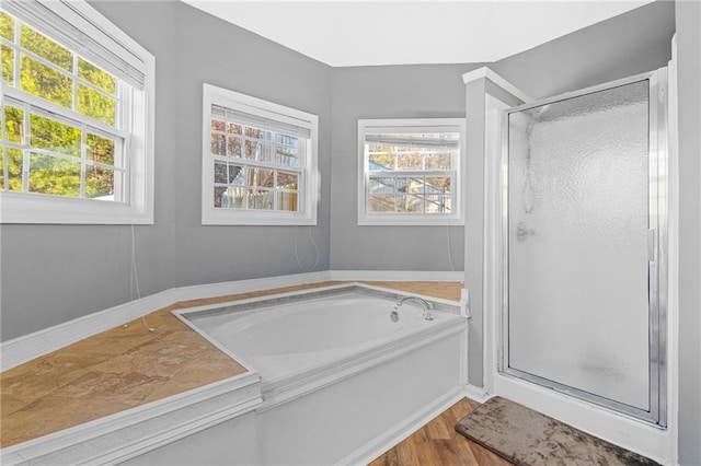 bathroom with hardwood / wood-style floors and plus walk in shower