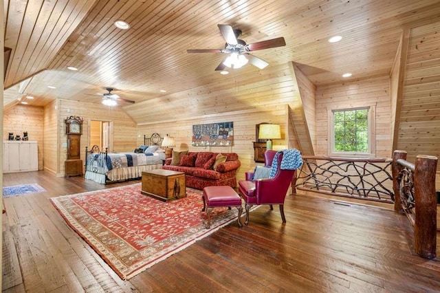 living room featuring wood ceiling, vaulted ceiling, ceiling fan, wooden walls, and dark hardwood / wood-style floors