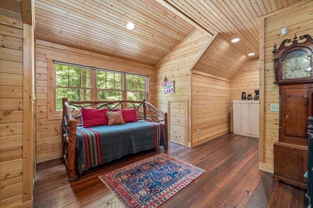 bedroom with wood ceiling, vaulted ceiling, wood walls, and dark hardwood / wood-style floors