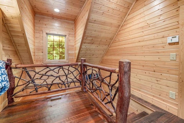 interior space featuring hardwood / wood-style flooring, wooden walls, and wooden ceiling