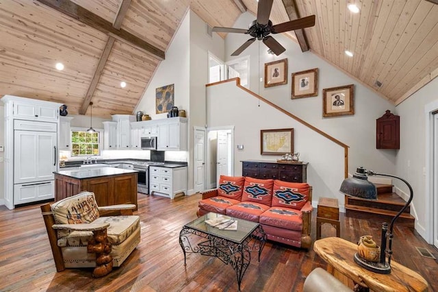 living room featuring high vaulted ceiling, ceiling fan, wooden ceiling, and hardwood / wood-style floors