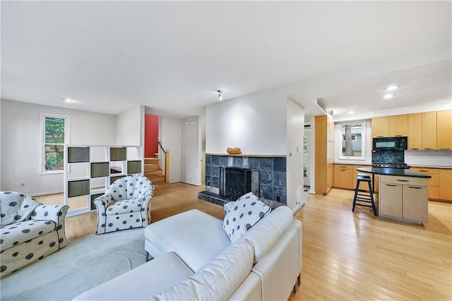 living room featuring a wealth of natural light, a fireplace, and light hardwood / wood-style floors