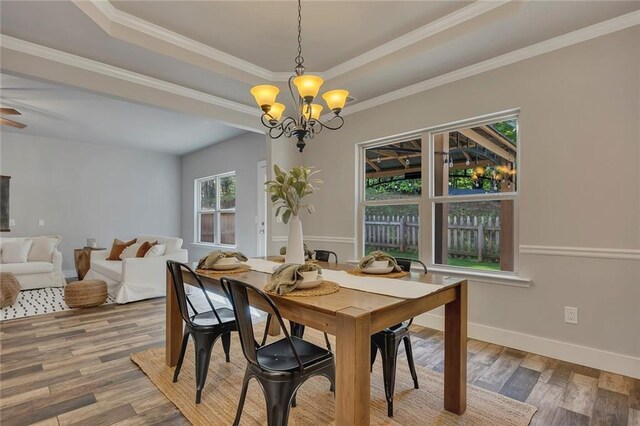 506 Tallapoosa Trl, Woodstock, GA 30188 - dining room with wood finished floors, a tray ceiling, baseboards, a chandelier, and ornamental molding
